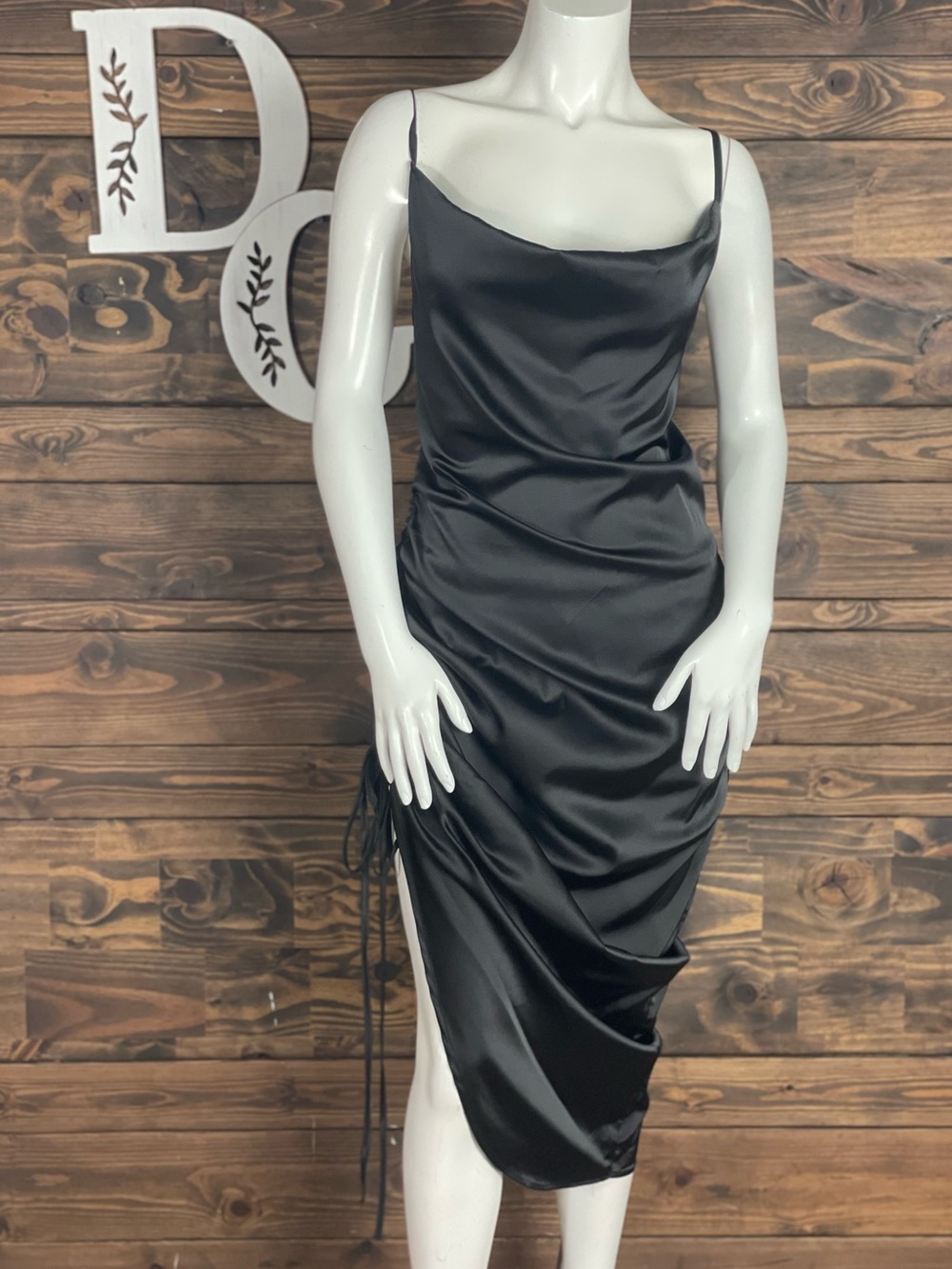 Lyaner | Satin Cowl Neck Midi Dress in Black Ruched Drawstring Bodycon